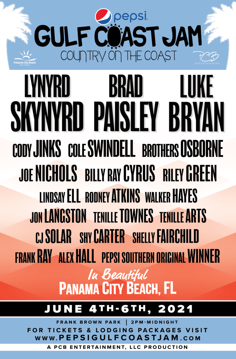 Pepsi Gulf Coast Jam poster for Country on the Coast: Headlining Lynard Skynrd, Brad Paisley, and Luke Bryan. Also featuring Cody Jinks, Cole Swindell, Brothers Osborne, Joe Nichols, Billy Ray Cyrus, Riley Green, Lindsay Ell, Rodney Atkins, Walter Hayes, Joe Langston, Tenille Townes, Tenille Arts, CJ Solar, Shy Carter, Shelly Fairchild, Frank Ray, Alex Hall, and the Pepsi Southern Original Winner. June 4th-6th, 2021 at Frank Brown Park. A PCB Entertainment, LLC Production. For tickets and lodging packages visit www.pepsigulfcoastjam.com